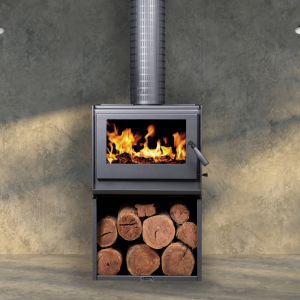 Wood heater on top of a shelf of logs