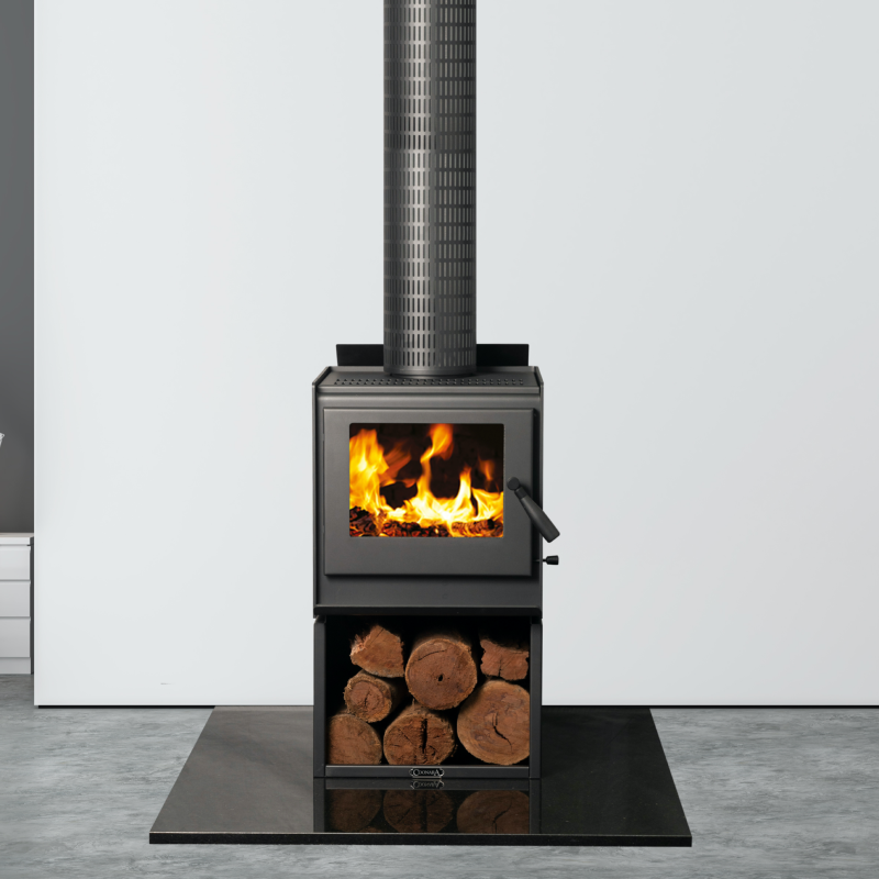 Wood burning stove with logs of wood stored underneath